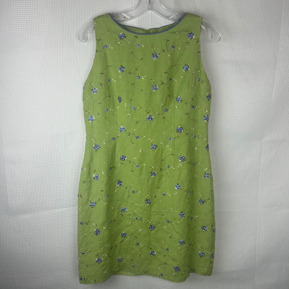 Coldwater Creek Petite 8 Green Linen Blend Embroidered Floral Sheath Dress